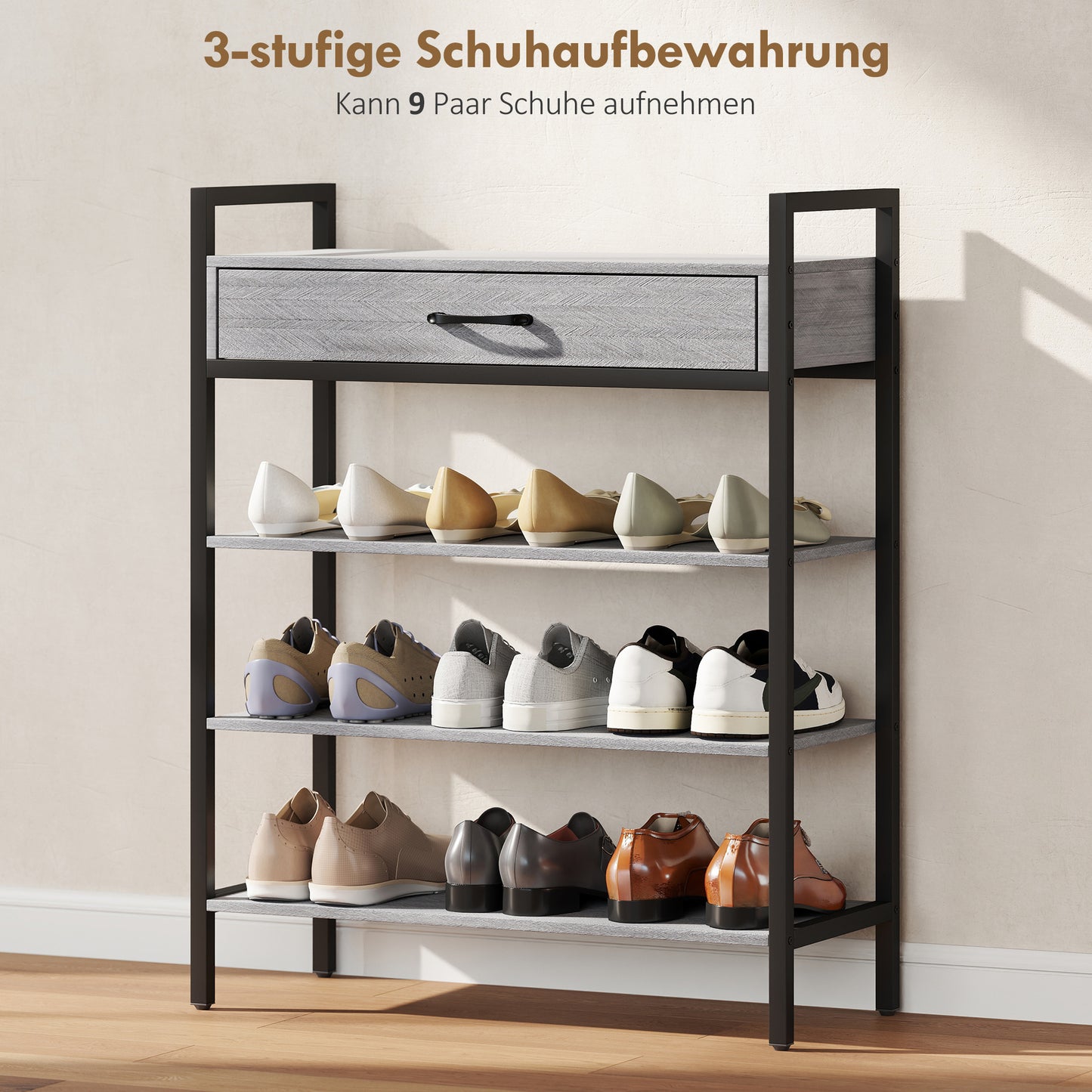 HOMCOM 4-stufiges Schuhregal, Flurregal für bis zu 9 Paar Schuhe, Spanplatte, Metall, Grau