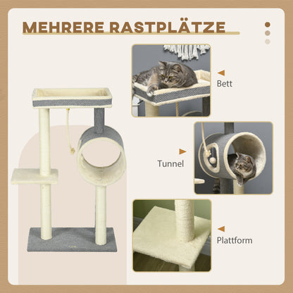 PawHut Kratzbaum Katzenbaum, 1 Katzenhöhle, 2 Liegeflächen, 60 cm x 40 cm x 104 cm, Grau + Natur