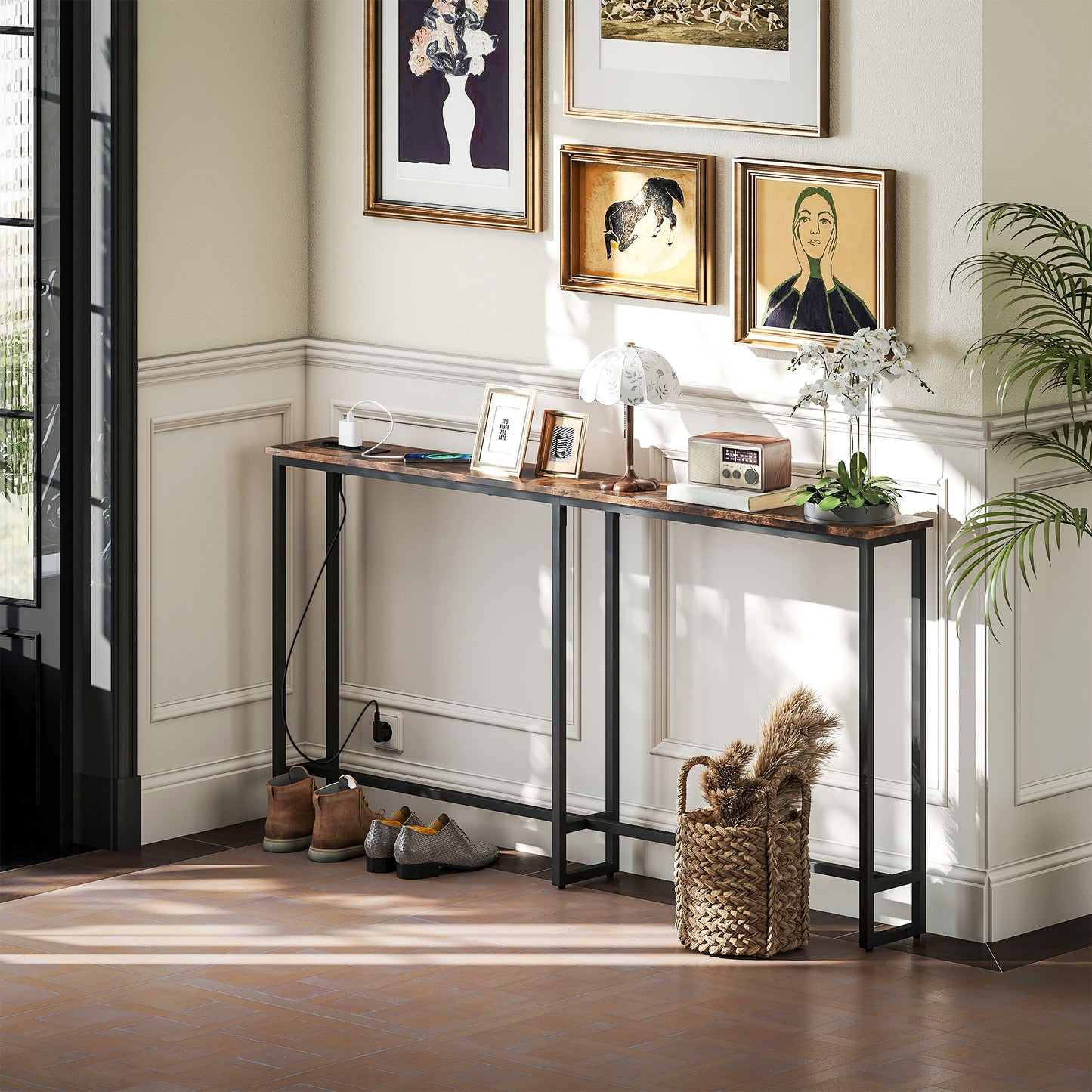 HOMCOM Schlanker Konsolentisch mit Ladestation, Industriestil, Stahlrahmen, Braun