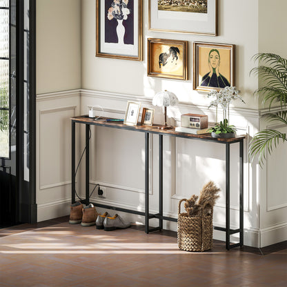 HOMCOM Schlanker Konsolentisch mit Ladestation, Industriestil, Stahlrahmen, Braun