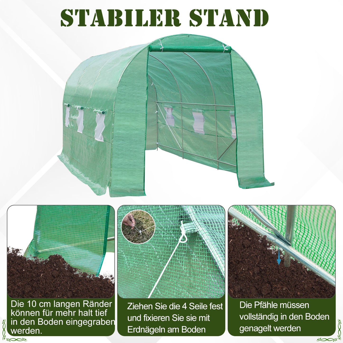 Outsunny Gewächshaus 445x190x200cm Foliengewächshaus Tomatenhaus Tür mit Moskitonetz, Fenster, Folientunnel aus verzinktem Stahl, stabiles Pflanztunnel, Treibhaus inkl. Erdanker Seilen, Grün