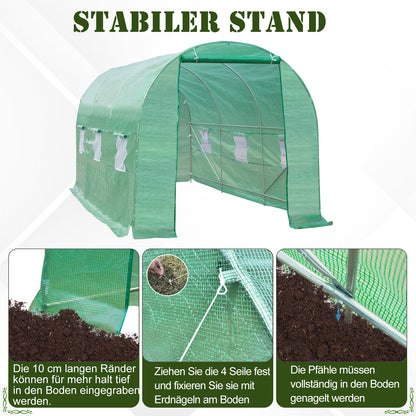 Outsunny Gewächshaus 445x190x200cm Foliengewächshaus Tomatenhaus Tür mit Moskitonetz, Fenster, Folientunnel aus verzinktem Stahl, stabiles Pflanztunnel, Treibhaus inkl. Erdanker Seilen, Grün