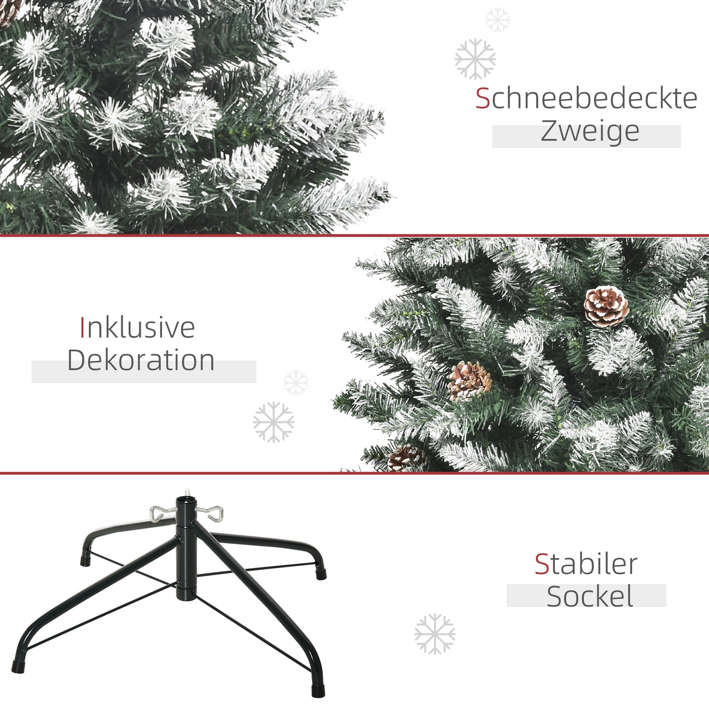 HOMCOM Künstlicher Weihnachtsbaum, 630 Zweige, 37 Zapfen, verschneite Spitzen, feuerfest, 150 cm