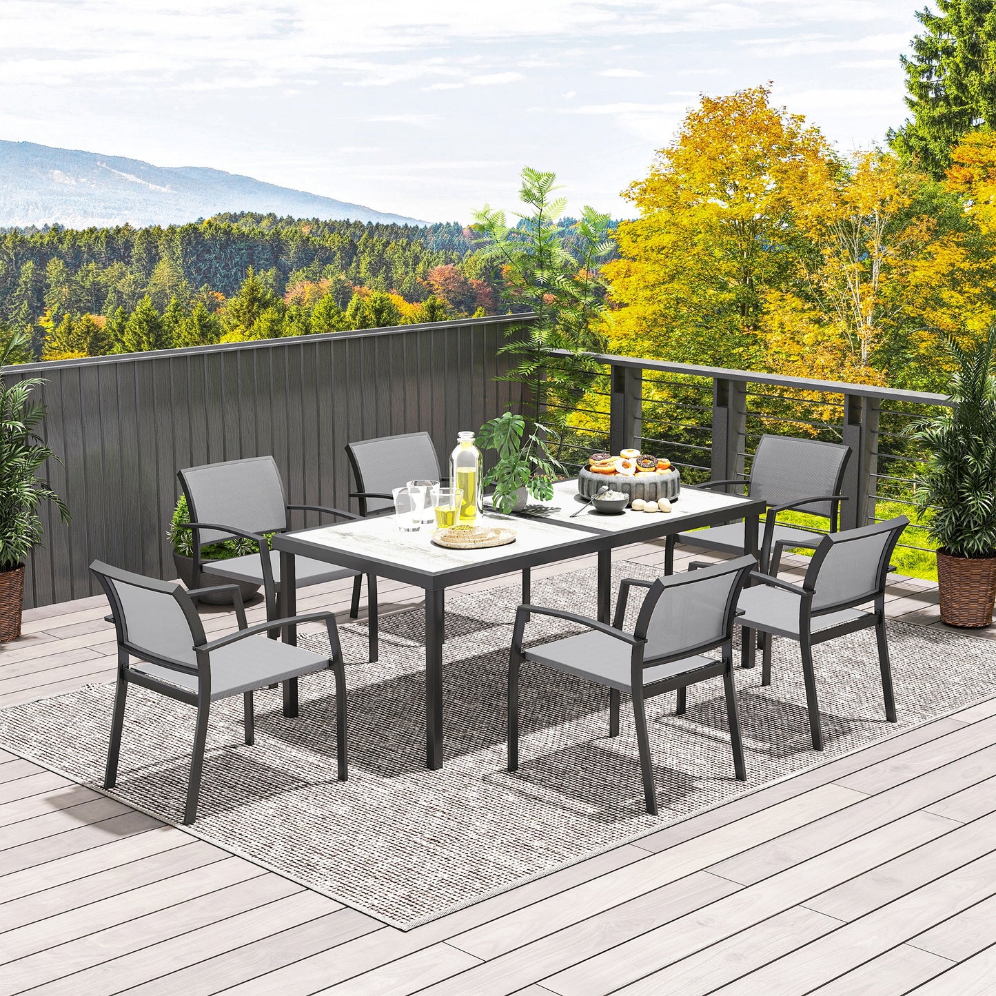 Outsunny 7-teiliges Ess-Set, 6 Stühle, 1 Tisch, stapelbar, leicht zu reinigen, Stahlrahmen, Gartenmöbel-Set, Grau