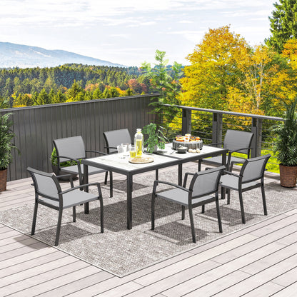 Outsunny 7-teiliges Ess-Set, 6 Stühle, 1 Tisch, stapelbar, leicht zu reinigen, Stahlrahmen, Gartenmöbel-Set, Grau