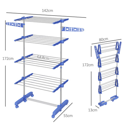 HOMCOM Wäschenständer Wäschetrockner 5 Ebenen, klappbar, One-Klick-System, 142 cm x 55 cm x1 72 cm, Blau + Silber