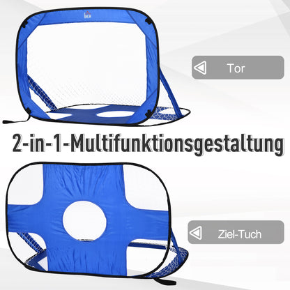 HOMCOM Fußballtore, Pop Up Tor, Tragbares Fußballnetz, 2er Set Minitore, mobil mit Tragetasche, Faltbar, Blau, 123 x 80 x 80 cm
