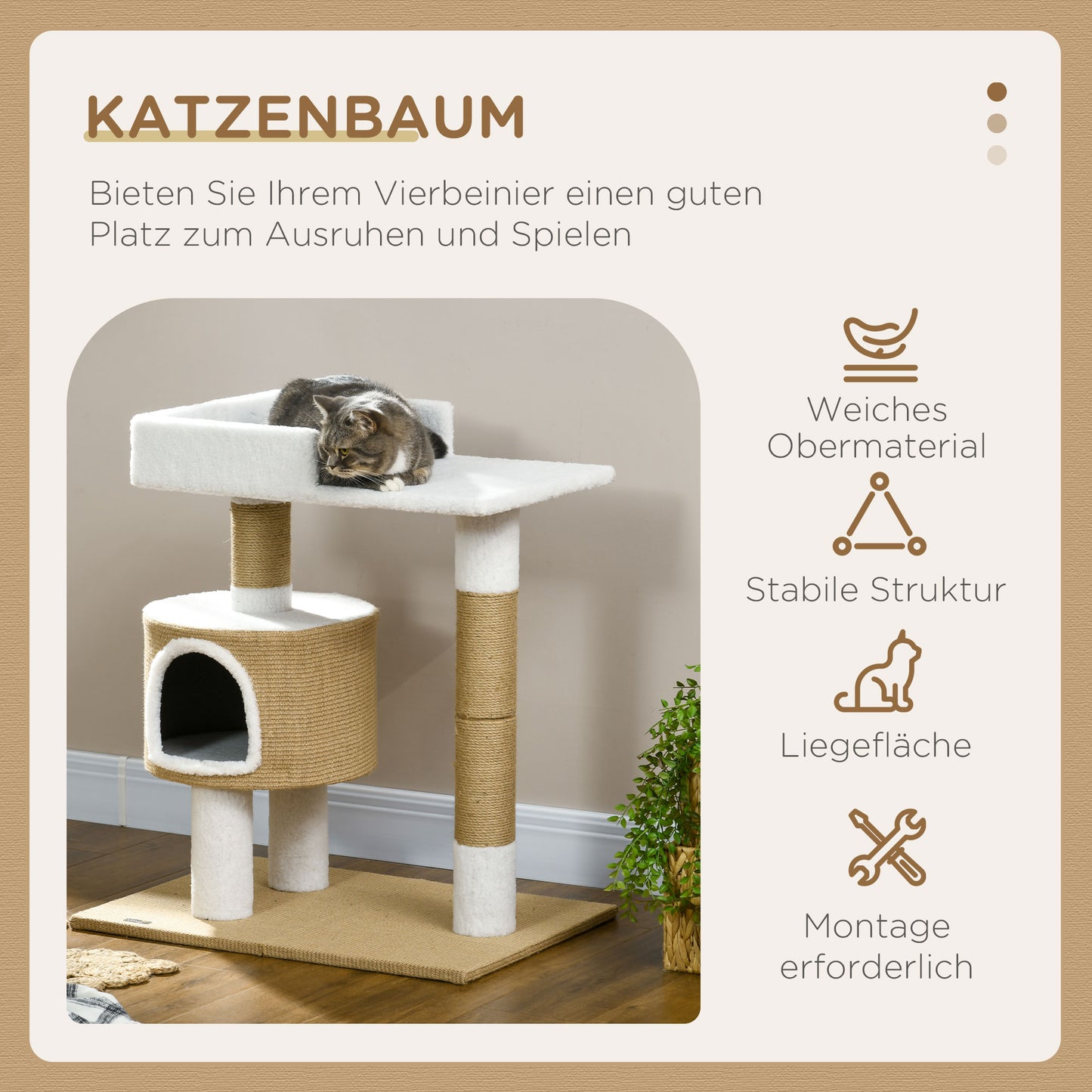 PawHut Kratzbaum Katzenbaum Katzenhöhle, 1 Katzenhöhle, 1 Liegefläche, 70 cm x 49 cm x 79 cm, Natur + Weiß