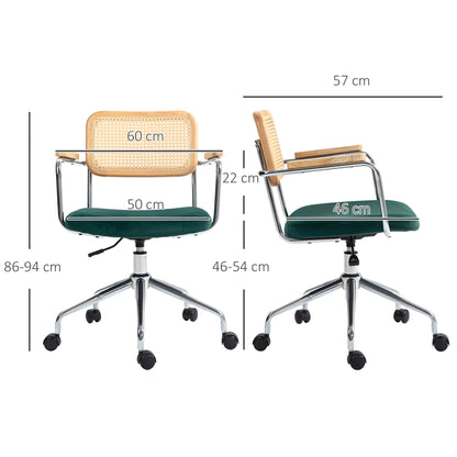 HOMCOM Bürostuhl, Boho-Design, Holzarmlehnen, drehbar, verstellbar, bis 120 kg, Stahl, Grün