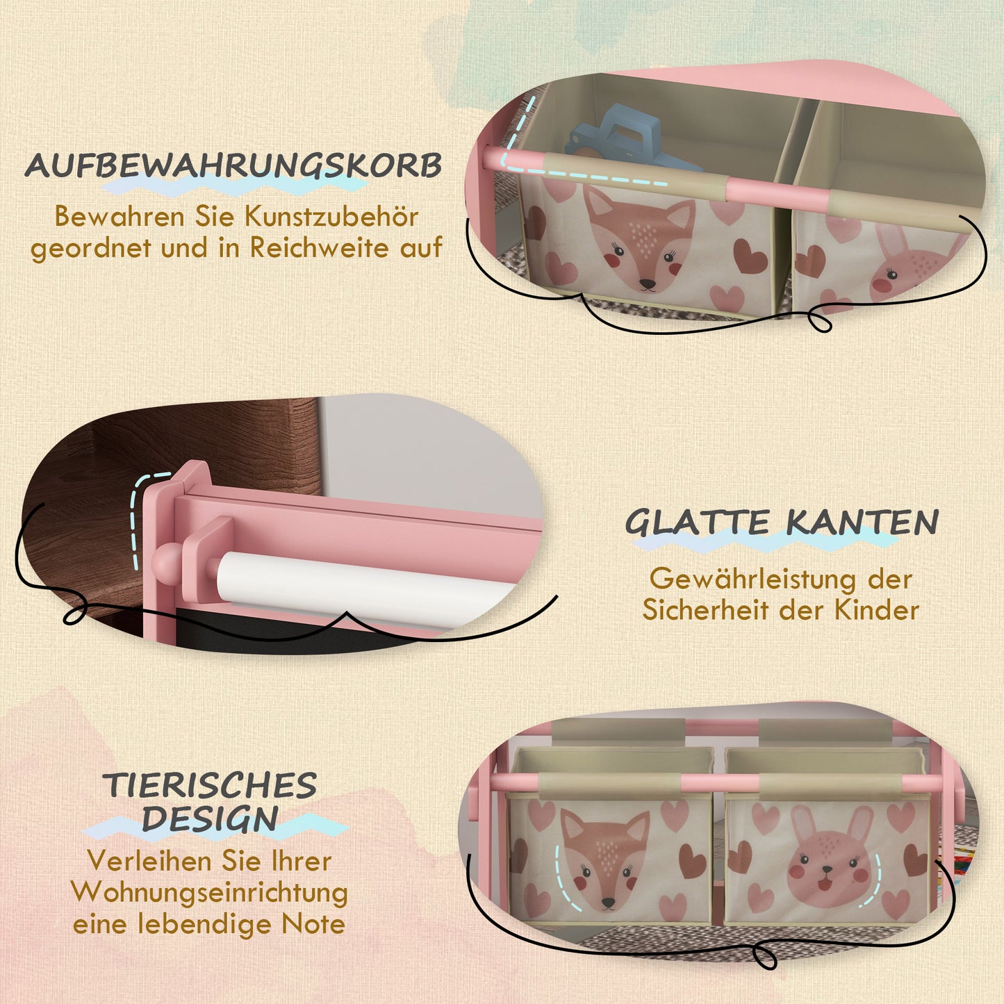 AIYAPLAY 3-in-1 Kinder Staffelei mit Papierrolle, Kreidetafel, Whiteboard, Aufbewahrungskörbe, 54 x 46,5 x 93 cm, rosa