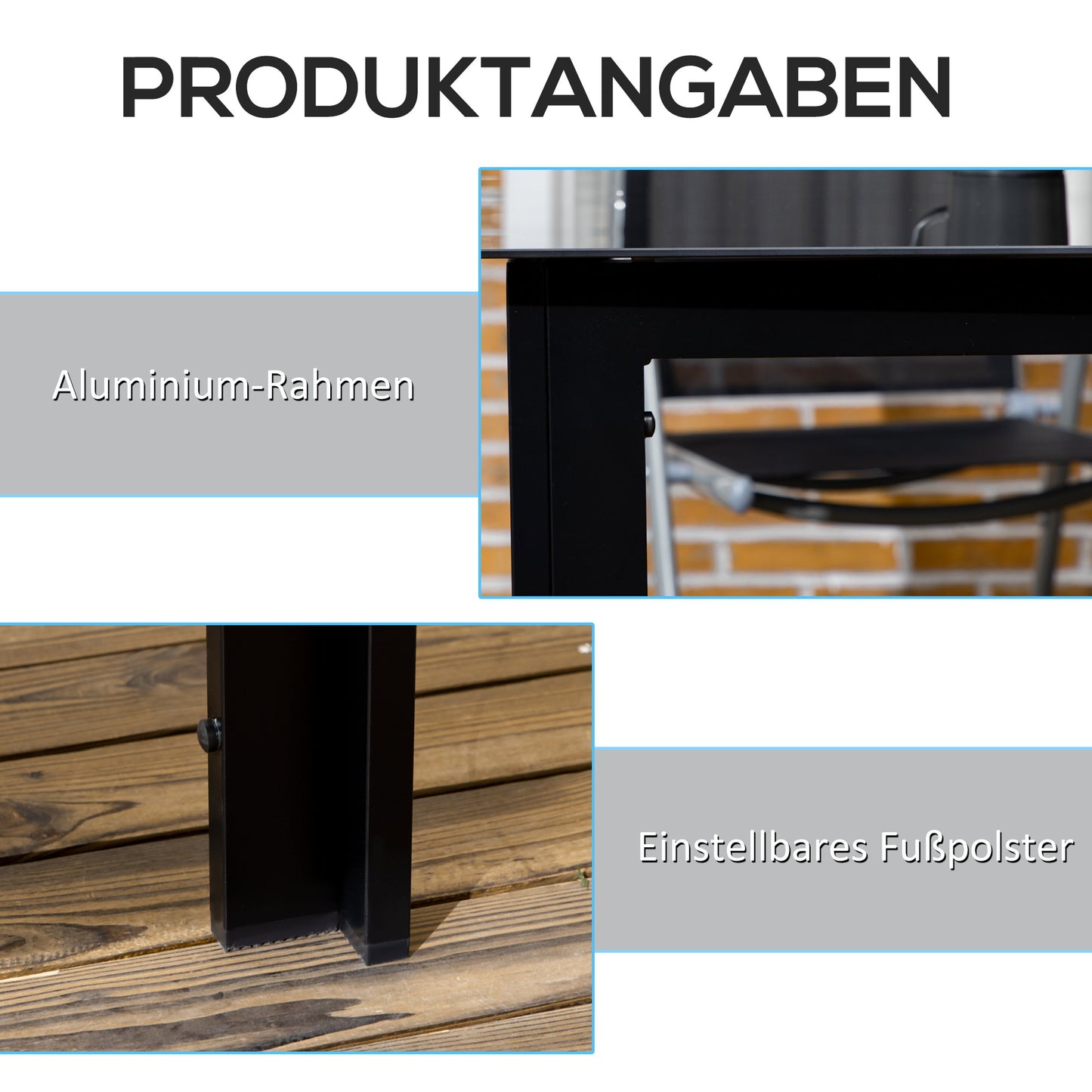 Outsunny Gartentisch für 6 Personen, wetterbeständig, gehärtetes Glas, Terrassentisch, 150 cm x 90 cm x 74 cm, Schwarz