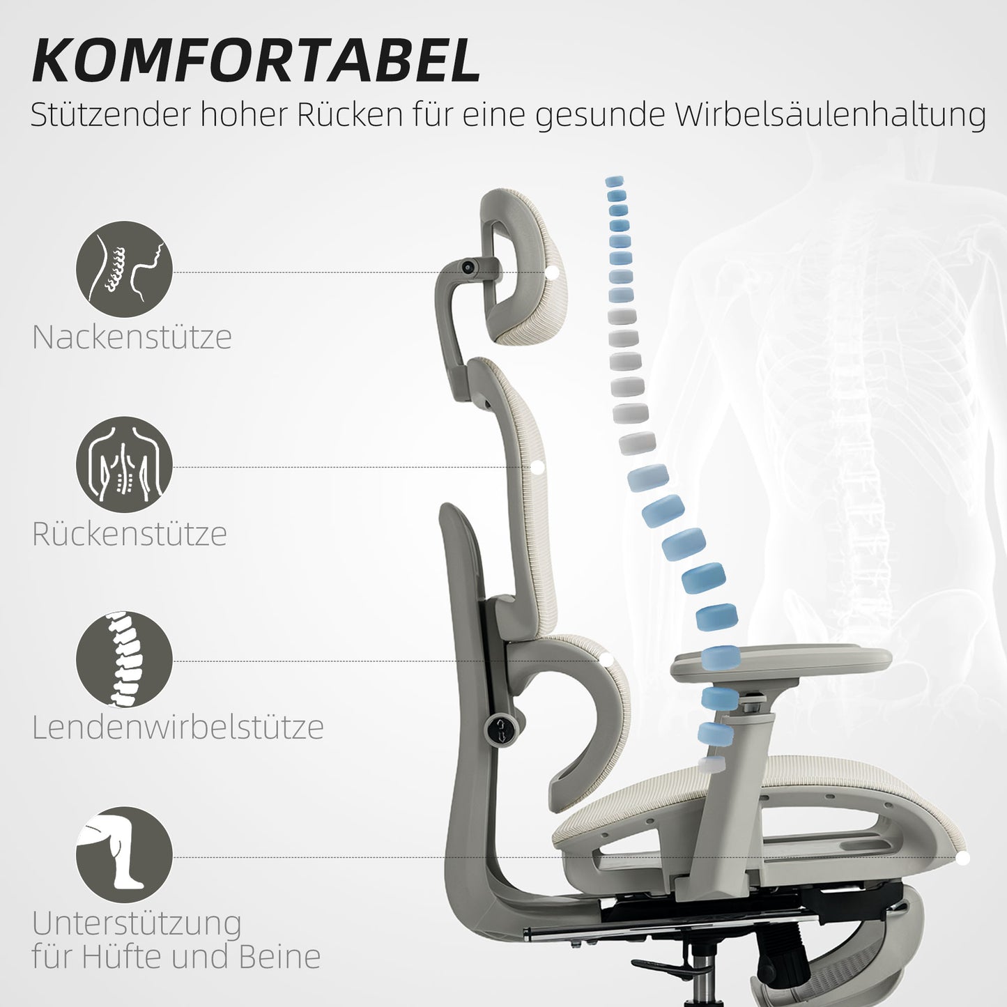 HOMCOM Bürostuhl, Ergonomischer Schreibtischstuhl mit Netzstoffbezug, verstellbar, rollbar, mit Armlehnen, Kopfstütze, Beige