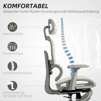 HOMCOM Bürostuhl, Ergonomischer Schreibtischstuhl mit Netzstoffbezug, verstellbar, rollbar, mit Armlehnen, Kopfstütze, Beige
