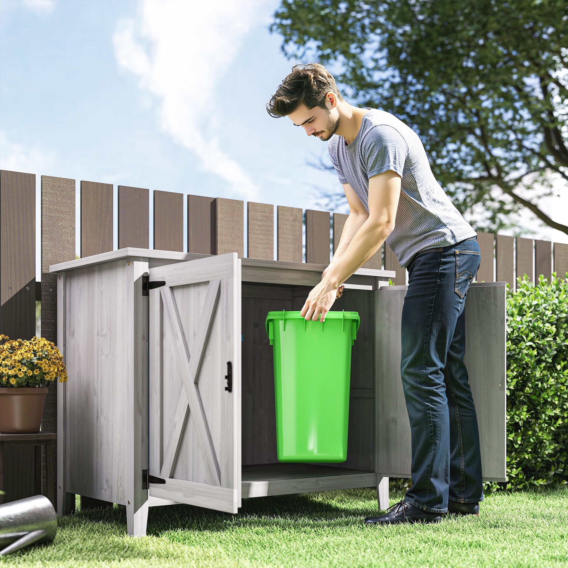 Outsunny Gartenschrank, Holzschrank für Gartengeräte, Outdoor-Schrank für Terrasse, mit Doppeltüren, Scheunendesign, Hellgrau