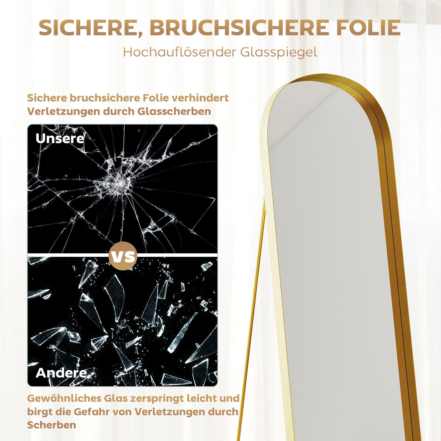 HOMCOM Ganzkörperspiegel mit Metallrahmen, 160 x 50 cm, goldfarbener Rahmen, für Wohnzimmer, Schlafzimmer