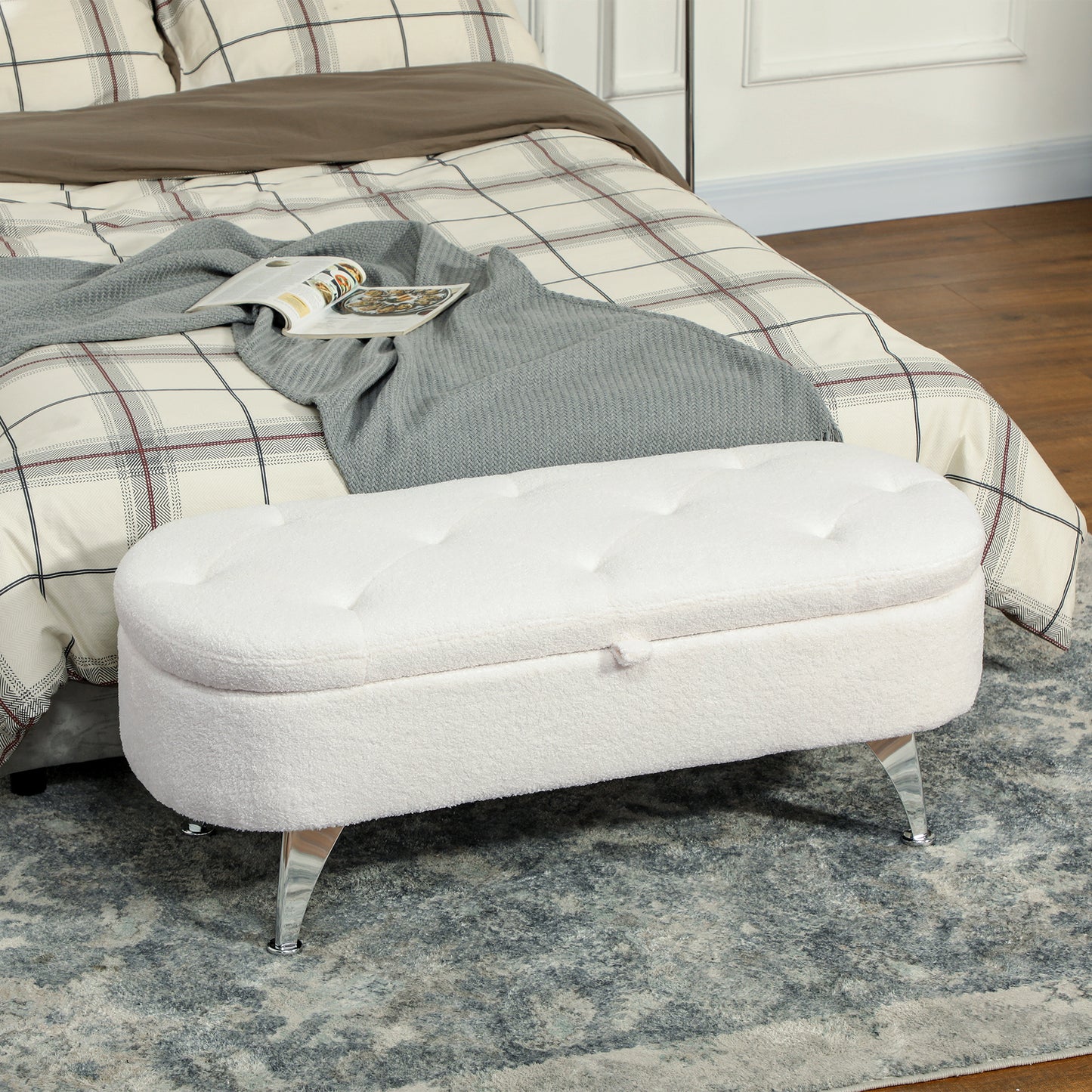 HOMCOM Sitzbank mit Stauraum, Deckel und Metallbeinen für Wohnzimmer, Schlafzimmer, Flur, Weiß