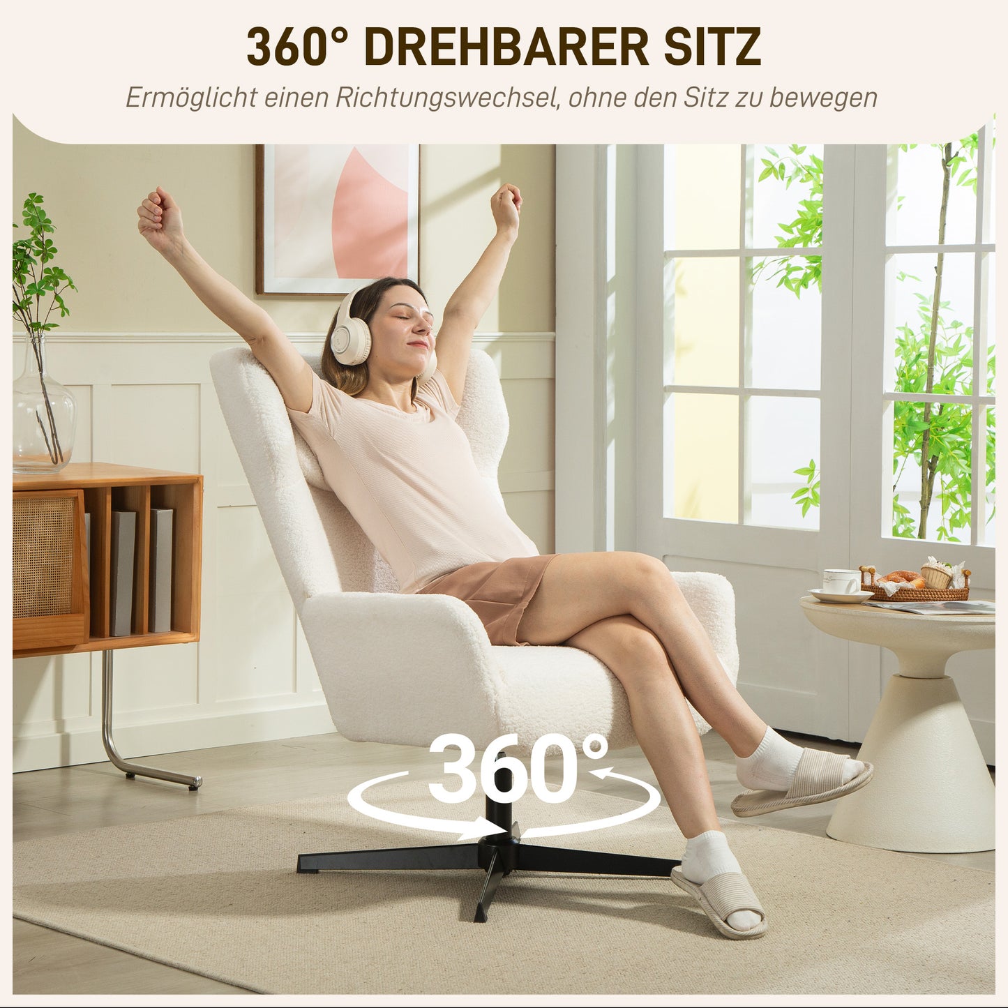 HOMCOM Akzentstuhl, Polstersessel mit Fleece-Bezug, Drehfuß, Metallrahmen, Cremeweiß