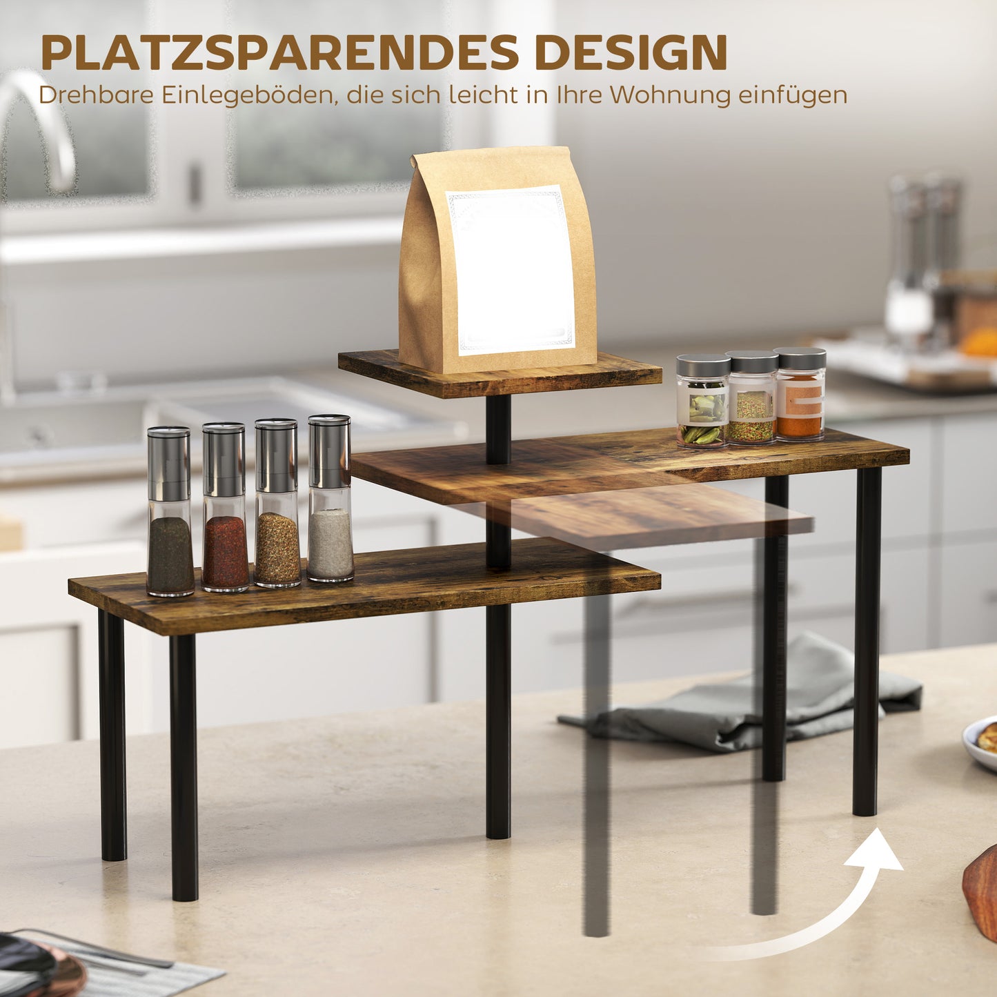 HOMCOM Küchenregal, Drehbar Mikrowellenregal mit 3 Ebenen, Industrielles Standregal Metall, 40 x 18 x 36,5 cm