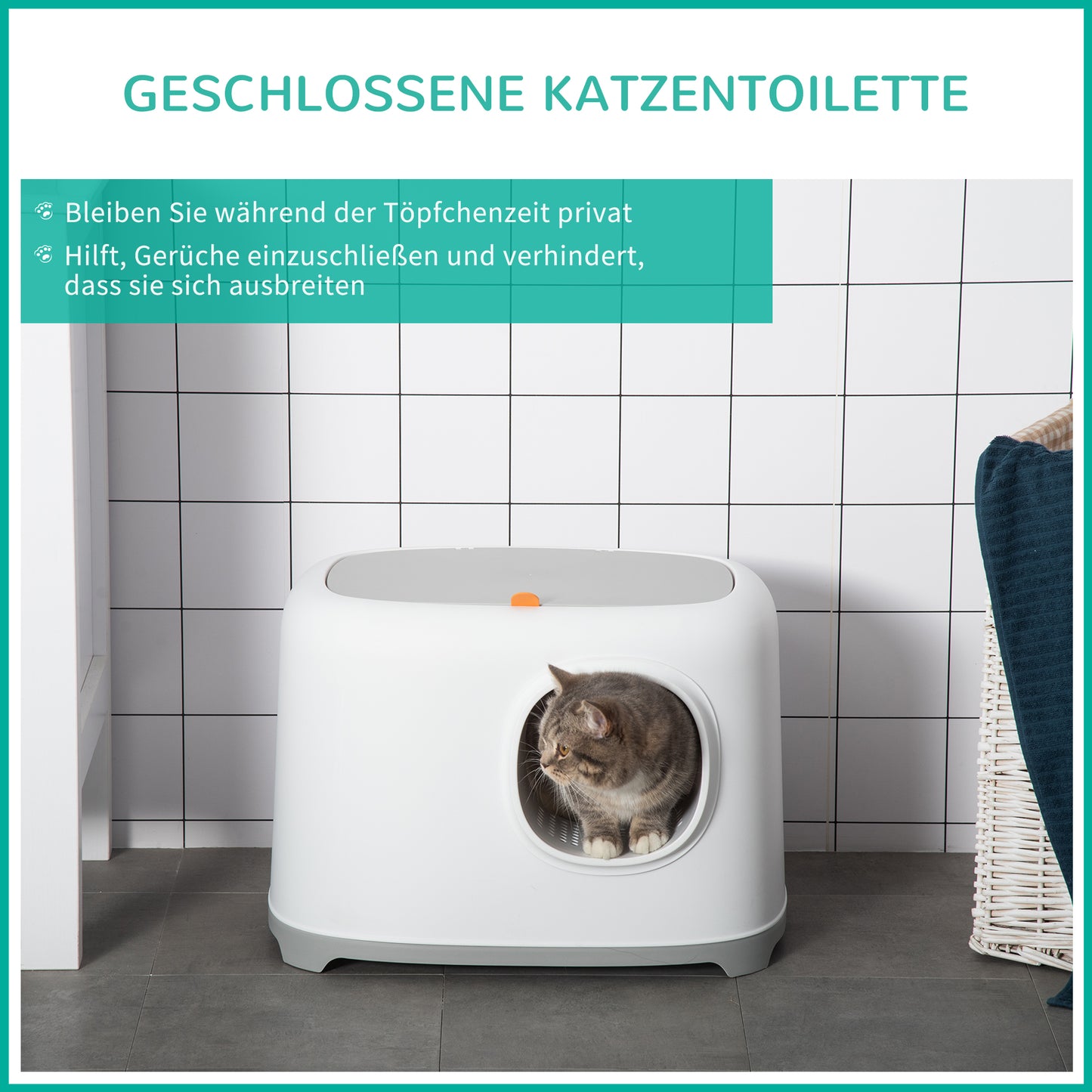 PawHut Katzenklo med Deckel Katzentoilette med Haube Schaufel Gitterboden XXL Katzentoilette för Katzen till 5 kg 55 x 40 x 39 cm Vit