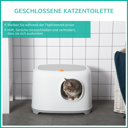 PawHut Katzenklo med Deckel Katzentoilette med Haube Schaufel Gitterboden XXL Katzentoilette för Katzen till 5 kg 55 x 40 x 39 cm Vit