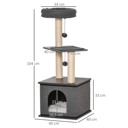 PawHut Katzenkratzbaum Katzenspielzeug Kletterbaum Spielmöglichkeiten Spielsisal Spielseil PB-Platte Sisal Dunkelgrau 40 x 40 x 104 cm