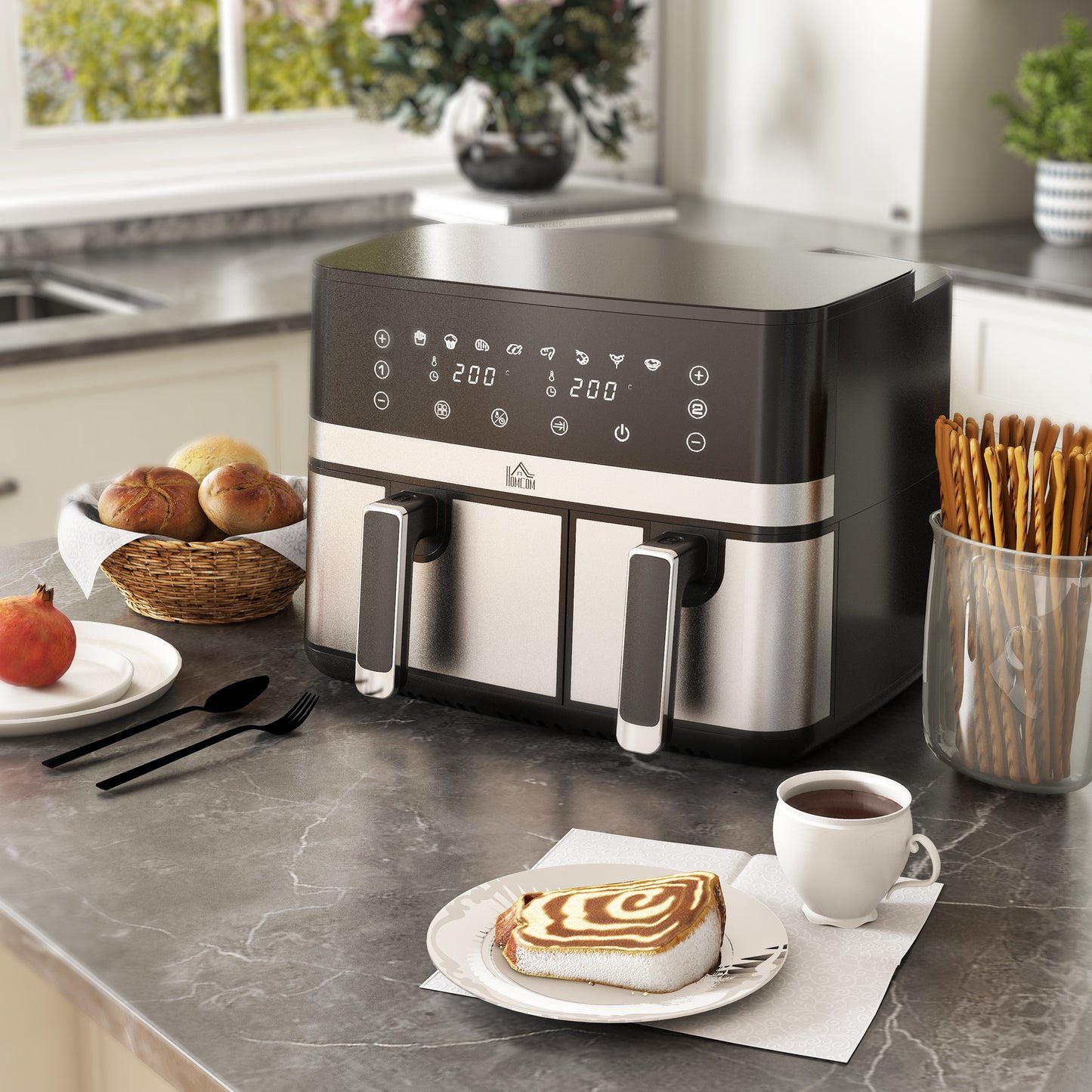 HOMCOM Heißluftfriteuse Friteuse, 2700 W, 8 Einstellungen, 41,8 cm x 39,2 cm x 31,1 cm, Schwarz + Silber