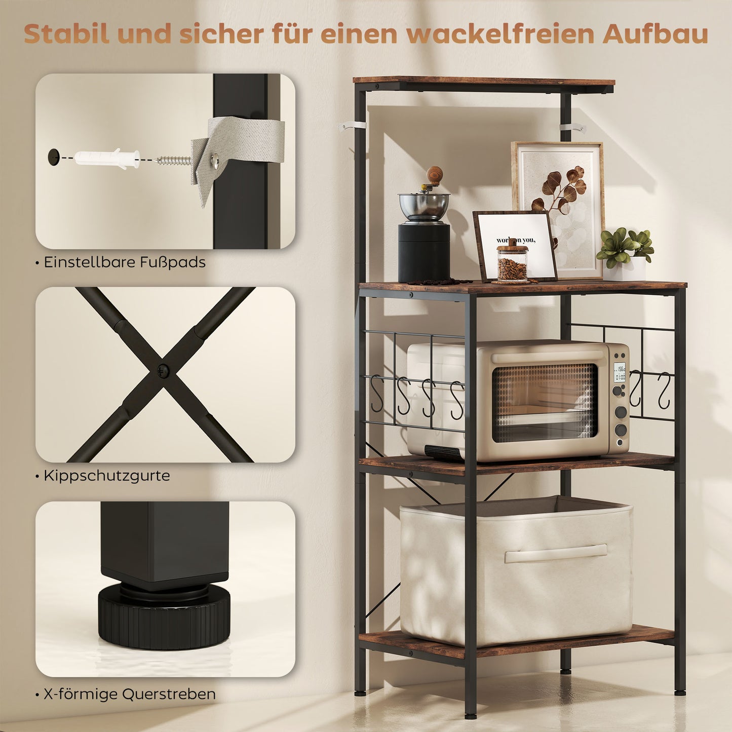 HOMCOM Küchenregal, 4-stufiges Design, Arbeitsplatte, 8 Haken, Metallrohre, Braun+Schwarz