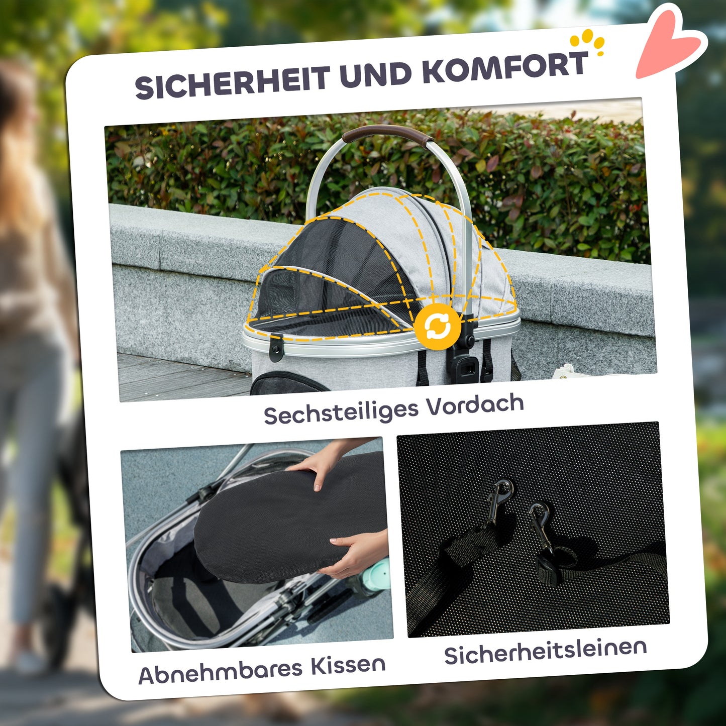 PawHut Hundewagen 3 in 1 Hundebuggy klappbar för Katzen till 10 kg Katzenbuggy mit Kissen Becherhalter Hellgrau