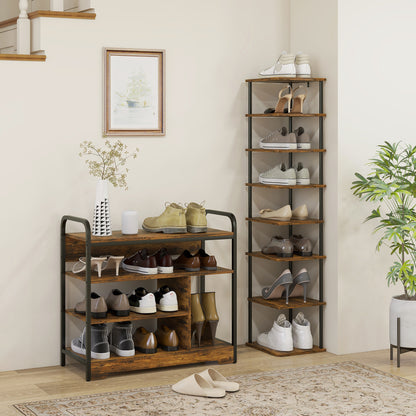 HOMCOM Schuhregal 4-stufig, offenes Design, Metallrahmen, verstellbare Füße, 70x30x65 cm, Braun/Schwarz