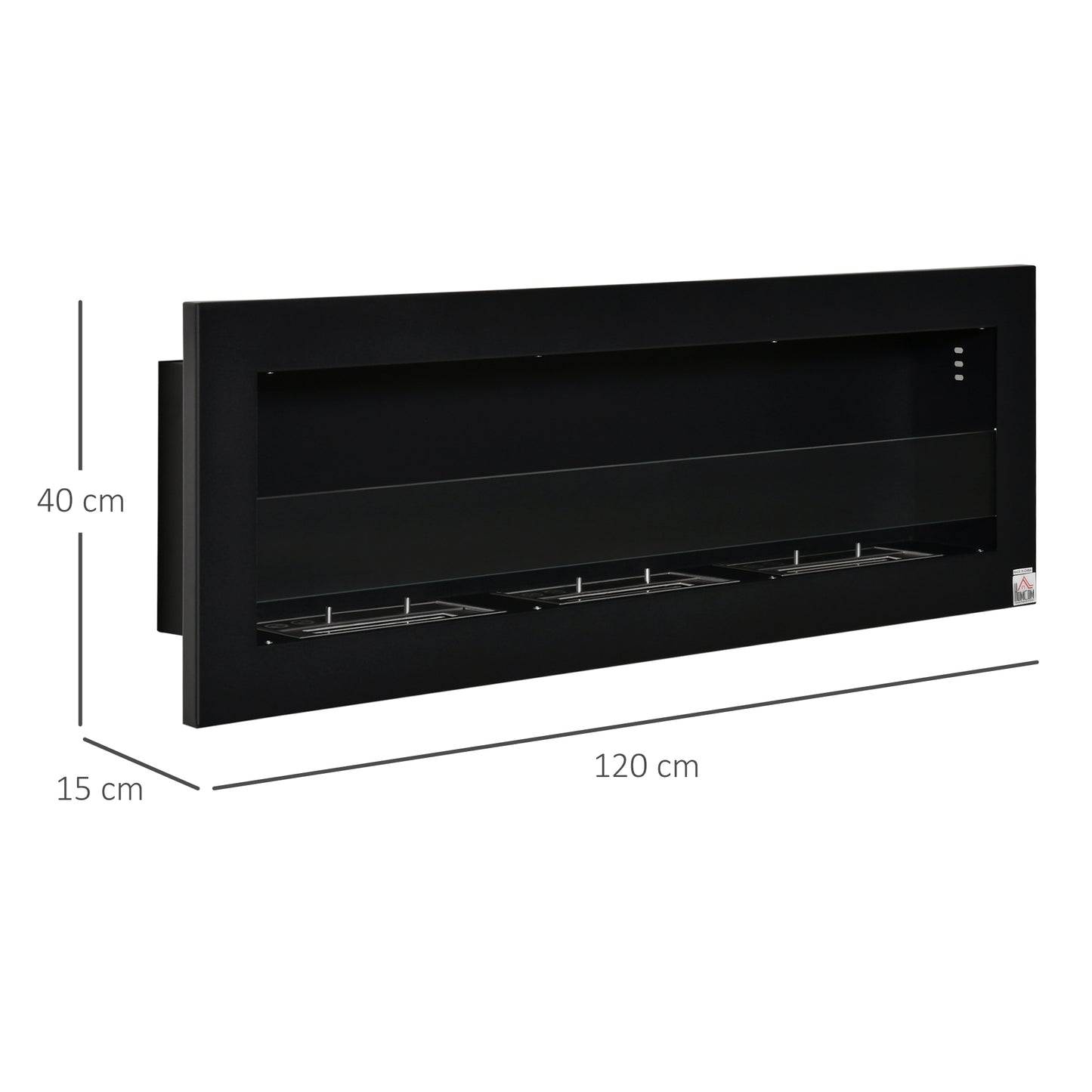 HOMCOM Ethanol-Kamin Bio-Ethanol-Brenner 3 Brennboxen 1L 3 Std. Brenndauer 2000W kein Rauch wandmontiert Stahl gehärtetes Glas Schwarz 120 x 15 x 40 cm