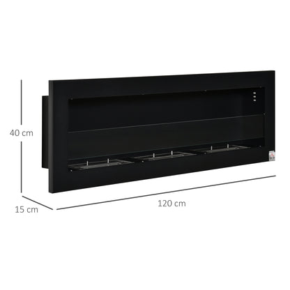 HOMCOM Ethanol-Kamin Bio-Ethanol-Brenner 3 Brennboxen 1L 3 Std. Brenndauer 2000W kein Rauch wandmontiert Stahl gehärtetes Glas Schwarz 120 x 15 x 40 cm