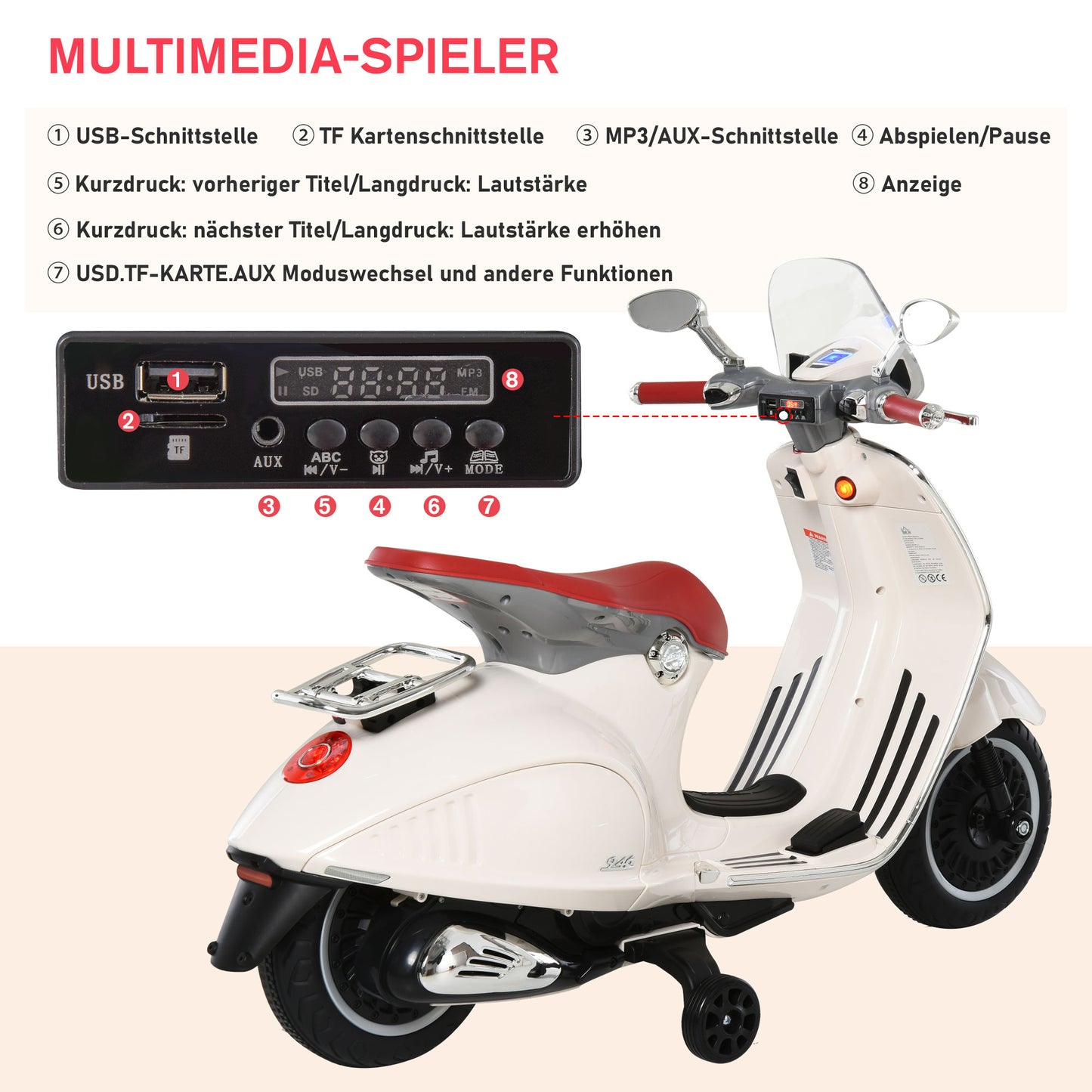 HOMCOM Kinder Elektro-Motorrad, 6V Kindermotorrad mit Scheinwerfer, Musik, Vor- und Rückwärtsgang, Trainingsräder, 30 kg belastbar, Elektromotorrad für 3-6 Jahre Kinder, Weiß