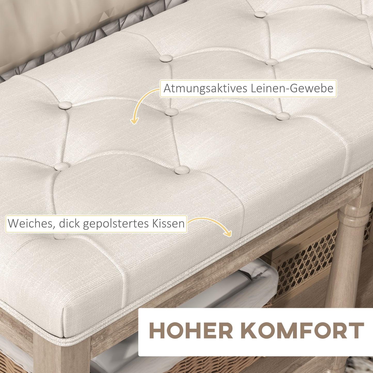 HOMCOM Sitzbank mit Stauraum, Vintage-Design, Knopfheftung, Kautschukbaumholz, 115x40x48cm, Cremeweiß
