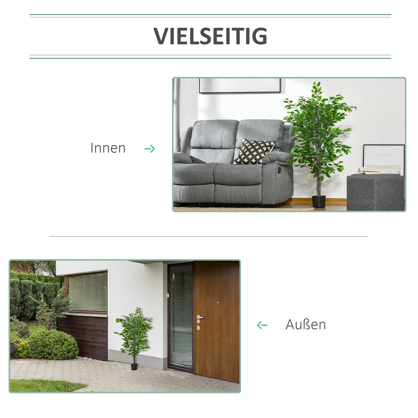HOMCOM Künstlicher Baum, Ficus-Kunstpflanze, realistisches Aussehen, Zementtopf, 135 cm, pflegeleicht, Kunststoff, Grün
