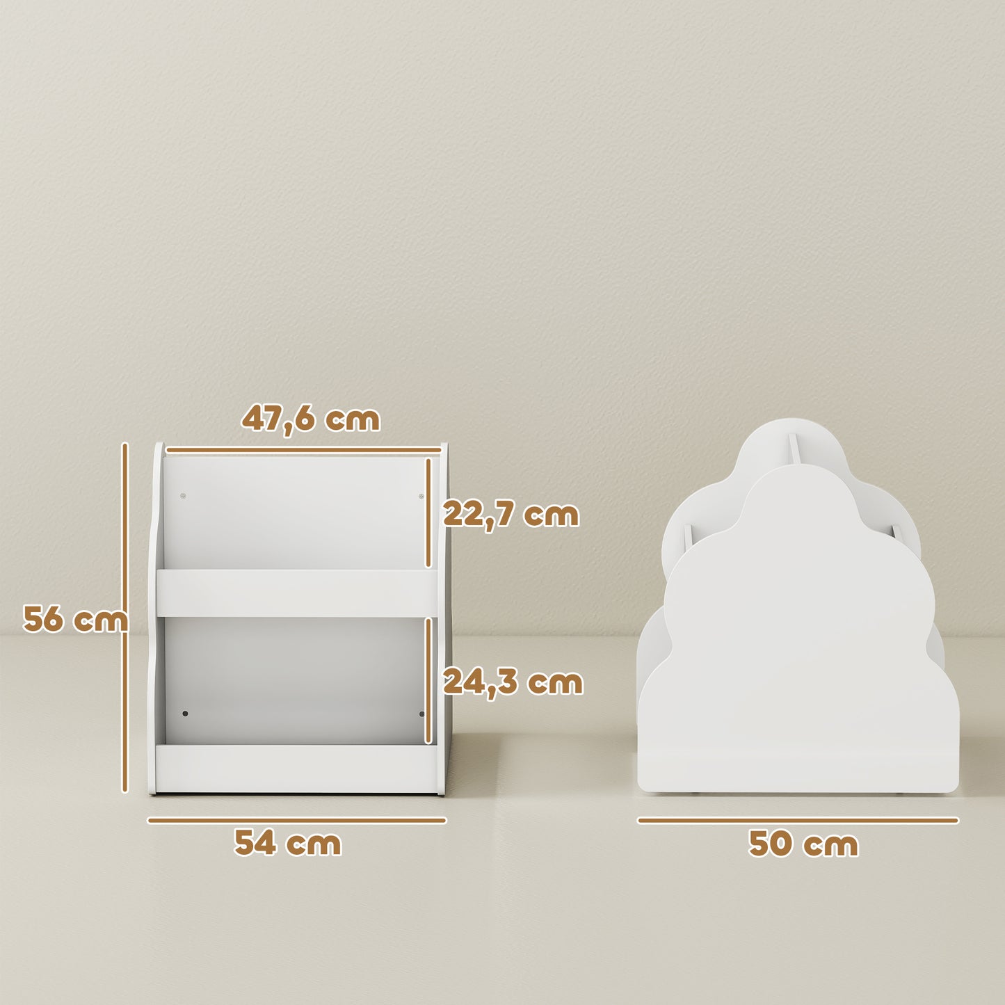 AIYAPLAY Kinderregal, 2-stöckiges Kinder-Bücherregal mit Rädern, 4 Regalen, für Kinderzimmer, Spielzimmer, 54x50x56 cm, Weiß