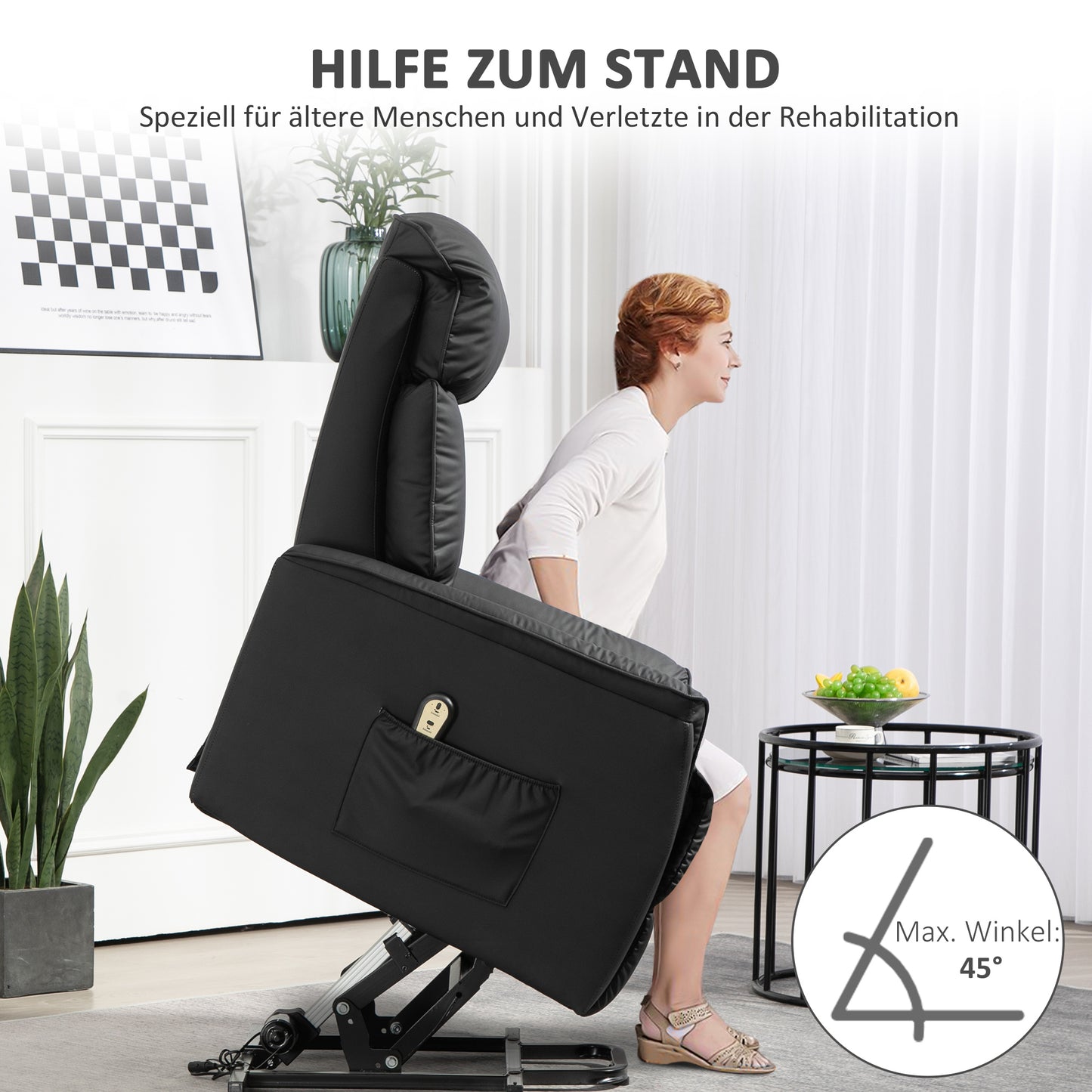 HOMCOM Elektrischer Aufstehsessel, Fernsehsessel, Sessel mit Aufstehhilfe, Liegefunktion, Kunstleder, 80 x 94 x 104 cm, Schwarz