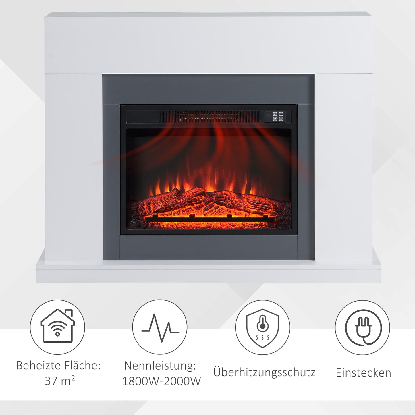 HOMCOM LED Elektrokamin Standkamin Kaminofen mit Flammeneffekt 1800/2000W Innenraumheizung mit Holzrahmen Dekokamin MDF Weiß 113 x 26,6 x 87,5 cm