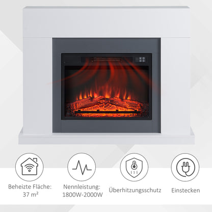 HOMCOM LED Elektrokamin Standkamin Kaminofen mit Flammeneffekt 1800/2000W Innenraumheizung mit Holzrahmen Dekokamin MDF Weiß 113 x 26,6 x 87,5 cm