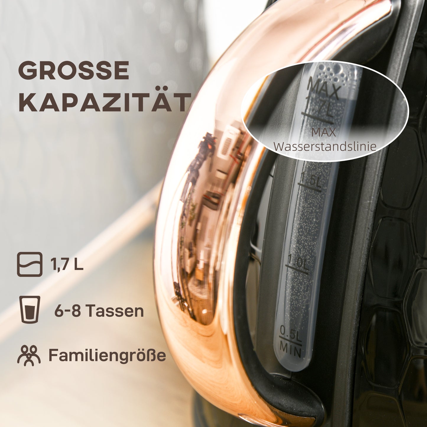 HOMCOM Wasserkocher, 2200W, Sichtfenster, Filter, Schnellkocher, Schwarz