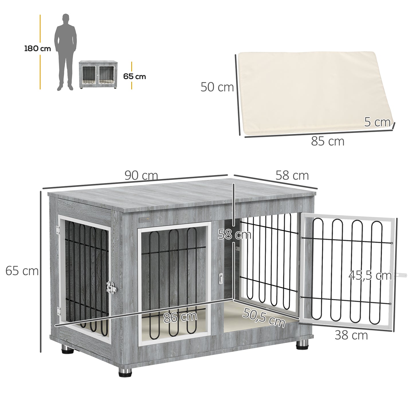 PawHut Hundekäfig Hundebox waschbares Polster, 2 st Verriegelungen, 90 cm x 58 cm x 65 cm, Grau