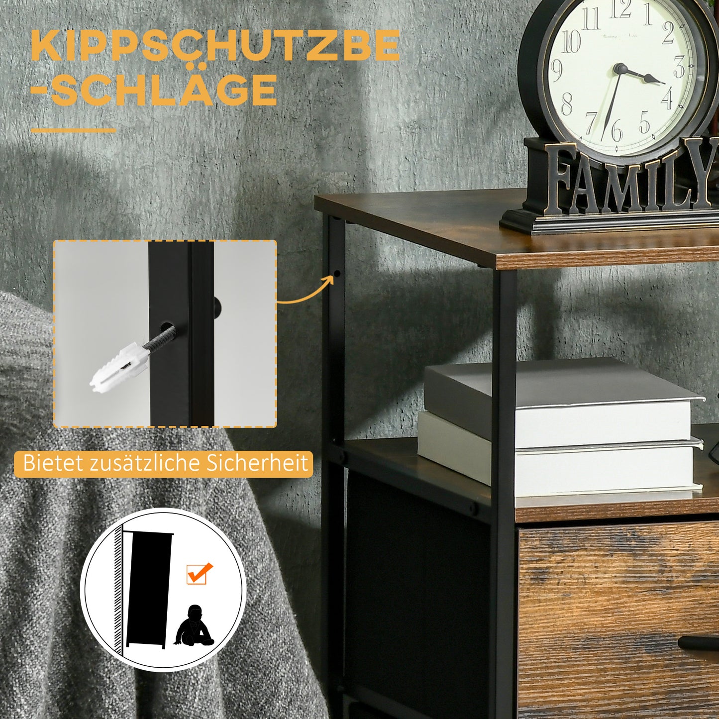 HOMCOM Wohnzimmerschrank, Beistellschrank, Stoffschubladen, MDF, Stahlrahmen, Braun