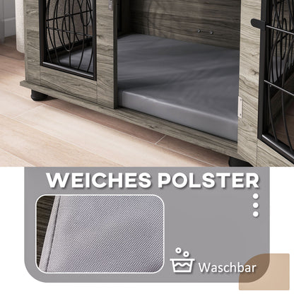 PawHut Hundebox mit Liegekissen, bis 20kg/50cm Körperlänge, Metall, 80x56x63cm, Grau/Holzdekor