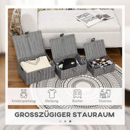 HOMCOM 3er-Set Aufbewahrungskörbe aus PE- Rattan, mit Verschluss, Tragegriffen, 35,5 cm x 28,5 cm x 18 cm, Grau