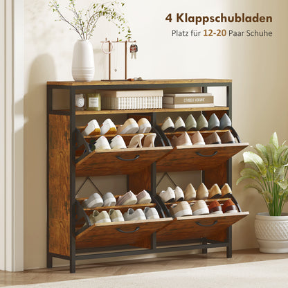 HOMCOM Schuhschrank mit 4 klappbaren Schubladen, schmales Design, offenes Regal, für 12-20 Paar Schuhe, Stahl, Braun