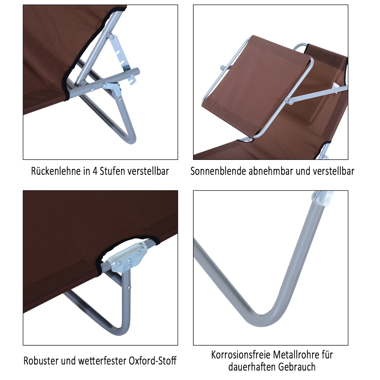 Outsunny Sonnenliege klappbar Gartenliege mit Sonnenschutz Liegestuhl mit 4-Fach verstellbare Rückenlehne Campingliege bis 120kg belastbar für Garten, Balkon und Pool geeignet, 6 Farben(Braun )