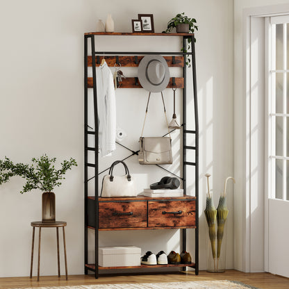 HOMCOM Garderobe mit Schuhregal, Mantelständer mit Sitzbank, 10 Haken, 2 Stoffschubladen, Kleiderstange, Spanplatte, Metall, Braun