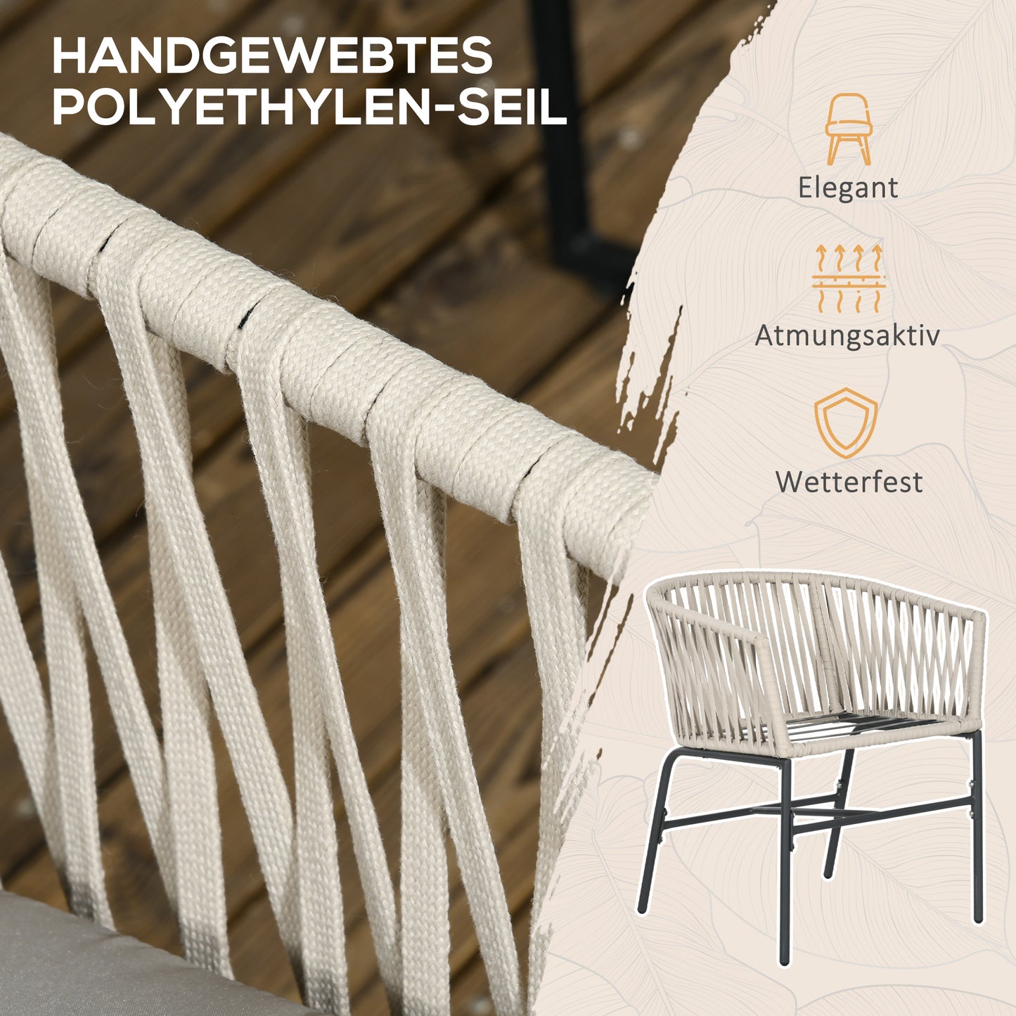 Outsunny Terrassenstuhl 2er-Set, Boho-Stil, bequeme Sitzschale, Sitzauflagen, waschbarer Bezug, Metallrahmen, Beige