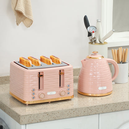 HOMCOM 2-in-1 Toaster- und Wasserkocher-Set, 7 Bräunungsstufen, Auftau- und Aufwärmfunktion, Rosa
