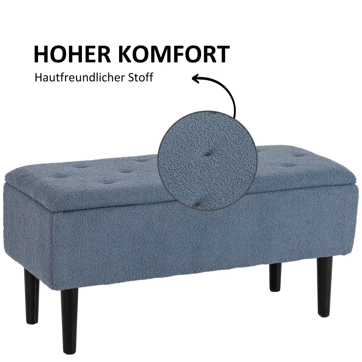 HOMCOM Polsterbank mit Stauraum, Sitztruhe, Kaschmiroptik, bis 120 kg, Naturholzrahmen, 95 x 38 x 45 cm, Blau