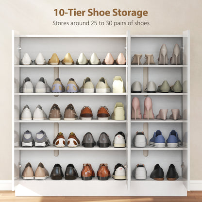 HOMCOM Schuhschrank mit 10 Regalen für 25-30 Schuh-Paare, Lüftungslöcher, Soft-Close-Türen, Holz, Weiß